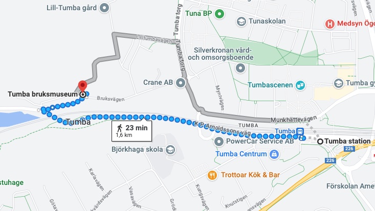 Karta för promenad från Tumba station till Pomologvandringen på Tumba bruksmuseum